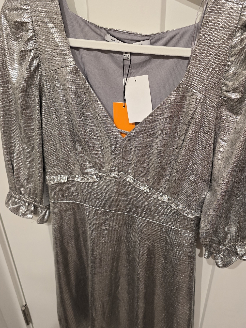 Collective Concepts Metallic Silver V-Neck Midi Dress